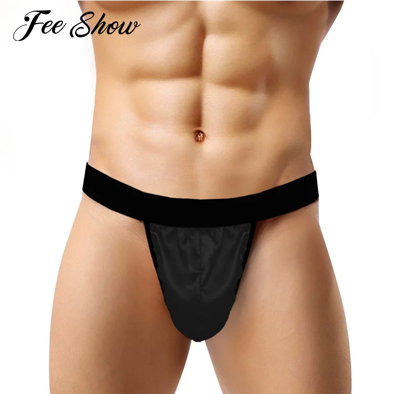 

Men Lingerie Sexy Low Rise Sissy Panties High Cut G-string Thong Underwear with Bulge Pouch Shiny Satin Briefs Gay Men Underwear