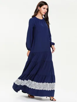 

Spring Summer patchwork lace Long Dress Maxi navy Dresses Muslim Women Dress Casual Islamic Clothing 7659