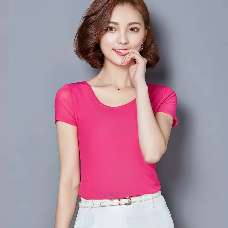 8 Colors Mesh T Shirt Women 2018 Summer Short Sleeve O Neck Casual Tshirt Elegant Office Lady T-shirts Tops Plus Size M-3XL A293