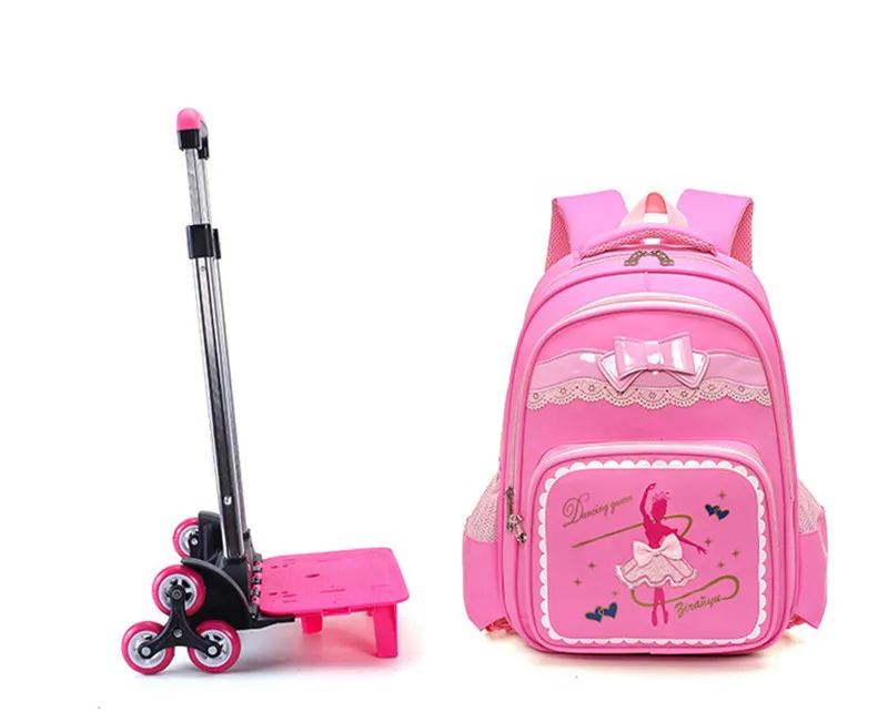 Школьные сумки на колесиках для девочек с мультипликационным принтом 2/6, съемный рюкзак для детей, сумка для книг на колесиках, водонепроницаемые дорожные сумки Mochila