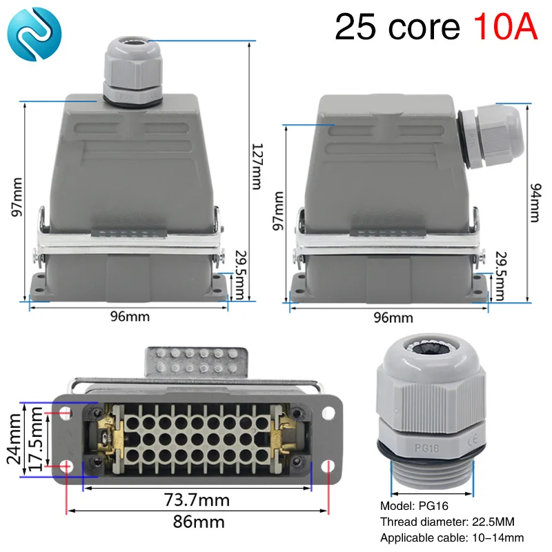 Сверхмощный разъем прямоугольный 25 ядро h16a-hd-025mf холодный пресс промышленный водонепроницаемый авиационный разъем 10A