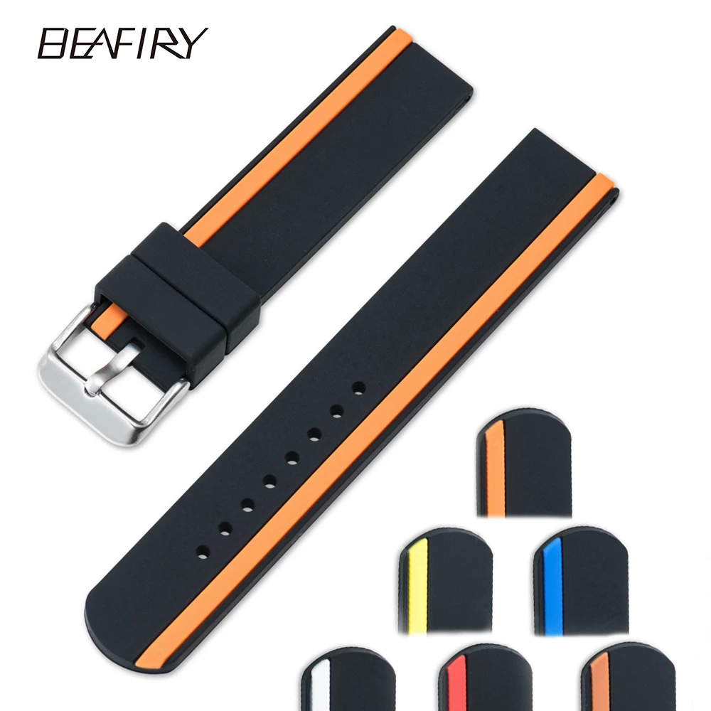 

BEAFIRY Watch Band Strap 20mm 22mm 24mm Soft Silicone Rubber Waterproof Watchband black yellow black orange black blue black red