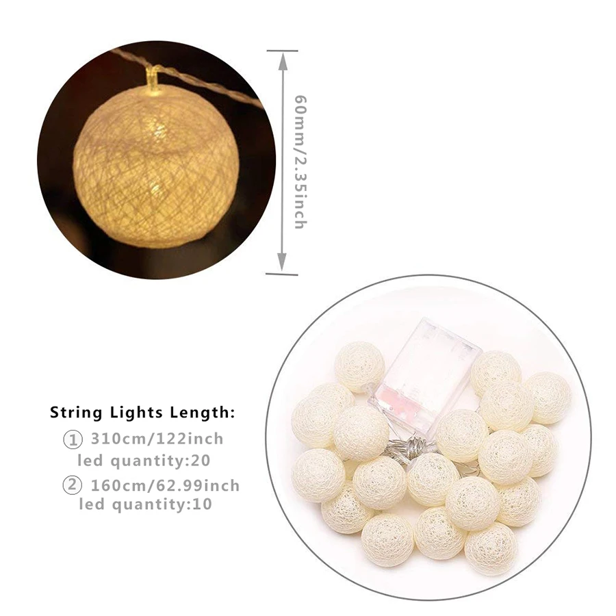 3m 20 leds Cotton Ball String Lights Battery Cotton Ball Light Chain Warm White Guirlande Lumineuse Christmas Holiday Lighting