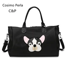 Fashion Casual PU Leather Travel Bags Black Couple Cartoon Dog Embroidery Overnight Weekend Bag Short Trip GYM Big Hand Luggage