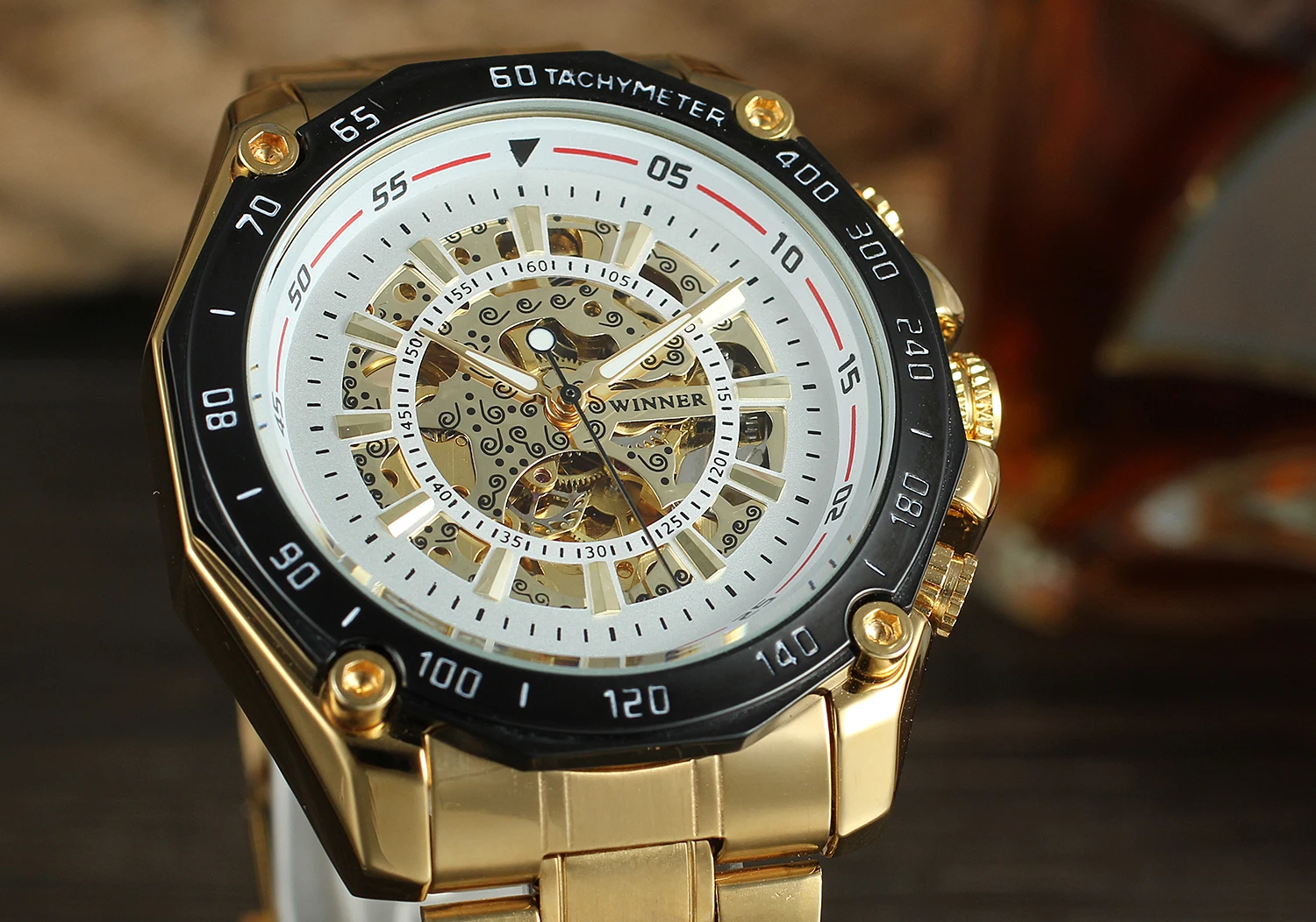 Forsining модный тренд черные и золотые полые креативные три указки стальной ремень автоматические механические мужские наручные часы