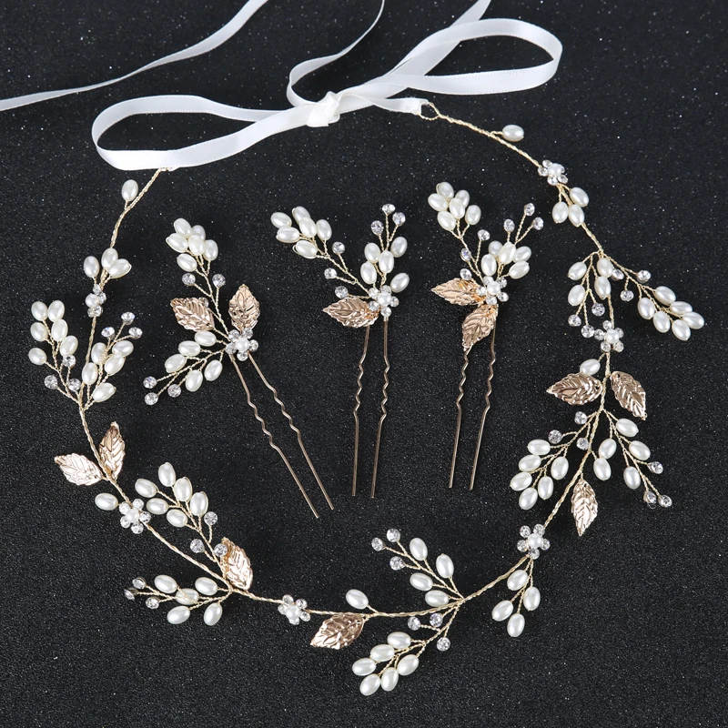 

4pcs Vintage Gold Color Bride Hair Jewelry Pearl Headband For Wedding Hair Accessories Women Crystal Pearl Hairpins Headpiece