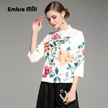 Высокое качество, женские топы, Осенние вышитые винтажные цветочные короткие пальто, воротник-стойка, рукав 3/4, женская повседневная куртка, Женская S-XXL