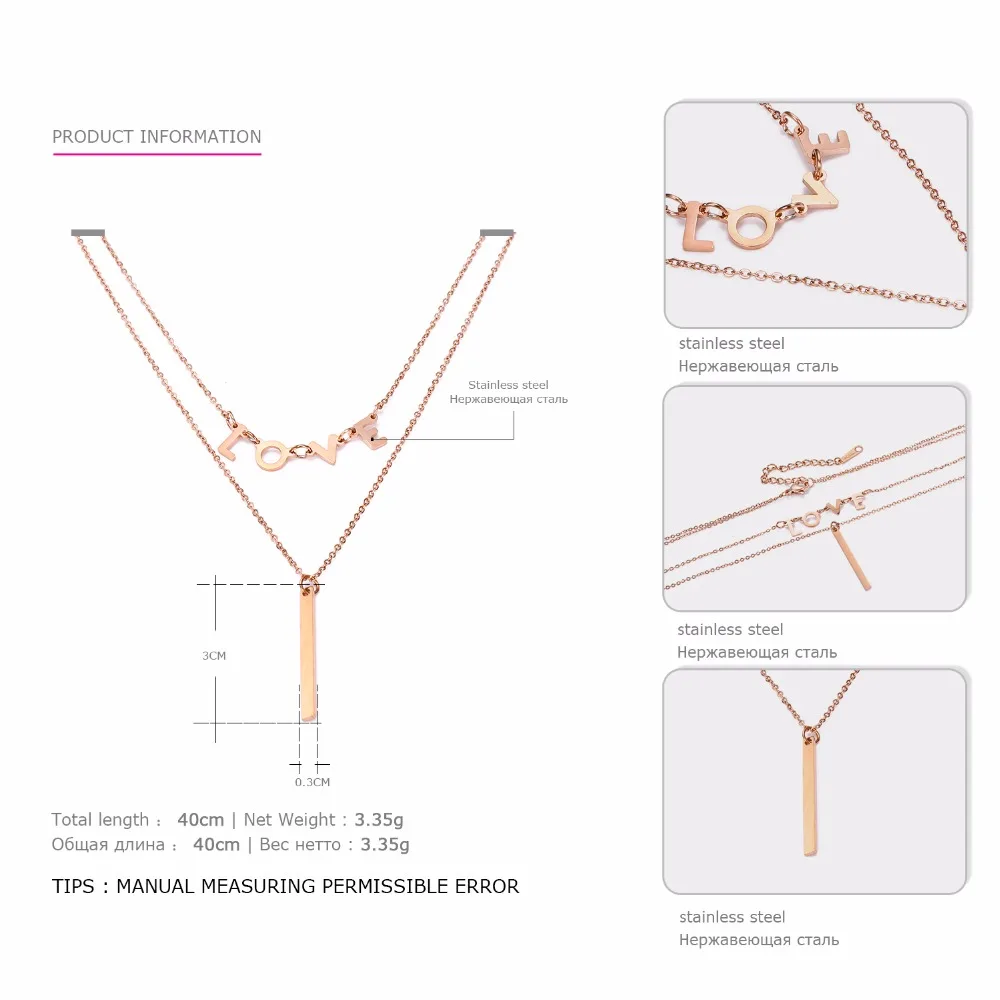 eManco Layered Necklace Rose Gold Color Stainless Chain With Letterring Geometric Pendants Short Statement Necklace For Women