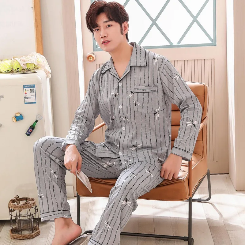 

2019 Spring Autumn Casual Striped Cotton Pajamas Sets for Men Long Sleeve Pyjama Sleepwear Male Homewear Loungewear Home Clothes