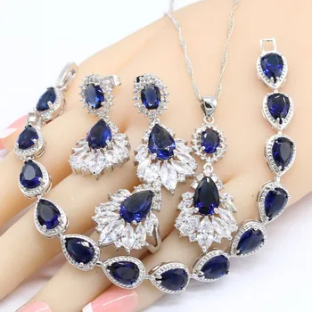 

Water Drop Women 925 Silver Jewelry Sets Dark Blue Sapphire Necklace Pendant Bracelets Earrings Rings Gift Box