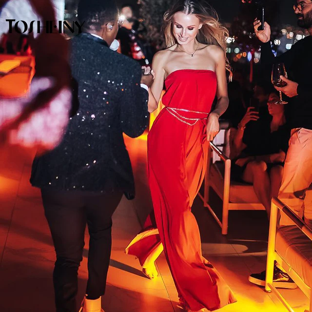 Tosheiny 2019 kobiety nowy lato Sexy Slash Neck Off Shoulder Backless pajacyki elegancki jednolity kolor kombinezon TH0072 -