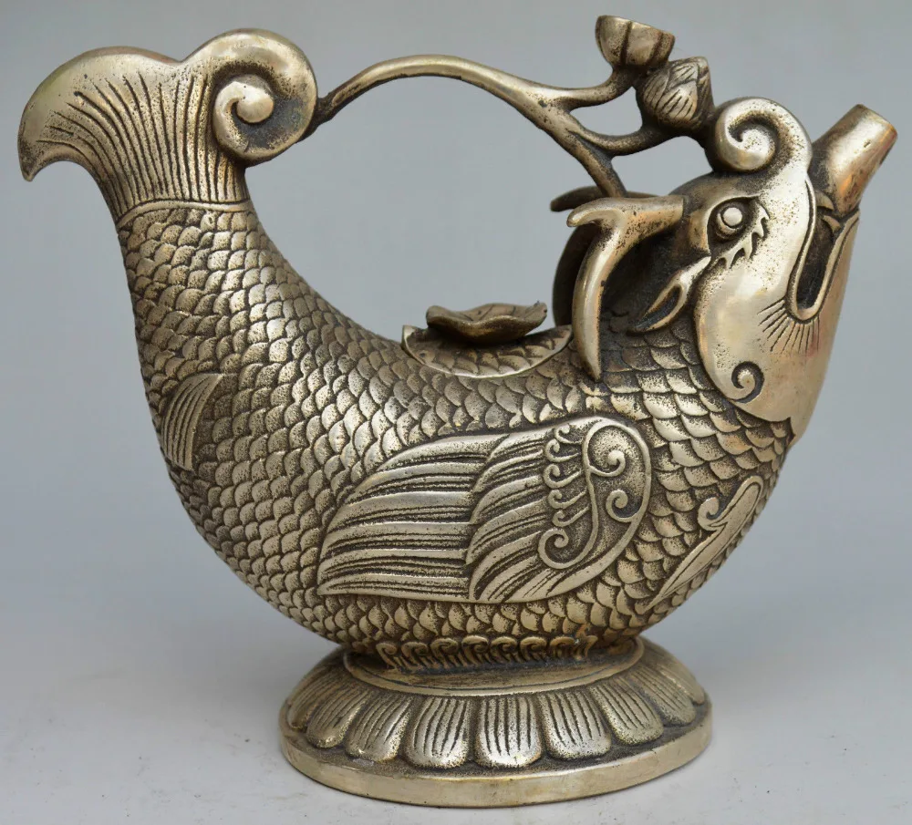 Collectible home Decorated Collectible DecoratedChinese Miao Silver Carved Dragon Fish TeaPot metal crafts