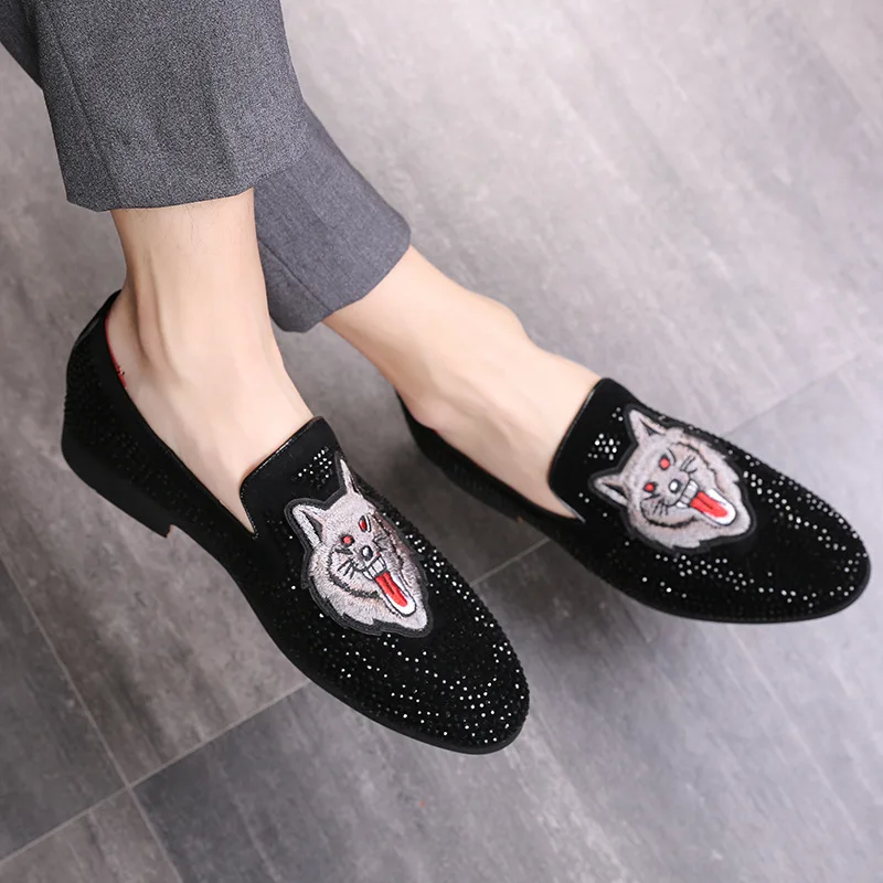 Casuais Bordado Sapatilhas Casamento Mocassins Vestido Couro Designer Moda Apartamentos Do De Sapatos Preto Strass Homens ZIqYw84