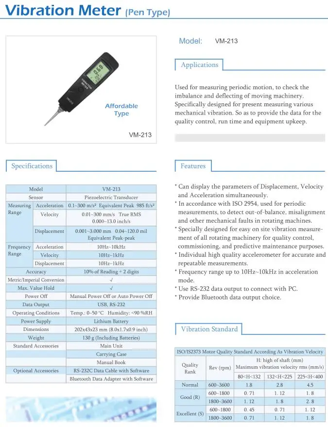 Виброметр Ручка Тип мм/сек.-300 VM-213 True RMS 0,01 Виброметр широкий частотный диапазон