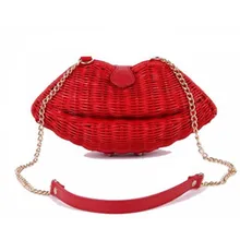 Ladies Woven Straw Beach Evening Bag Red Lip Straw Bales Handmade Bag Women Clutch Bag Women Messenger Crossbody Bag Girls
