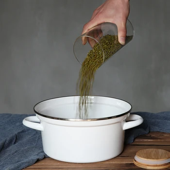 

Japanese style porcelain enamel pan thicken high soup hot pot stew pure color saucepot stew pan glass lid kitchen tool