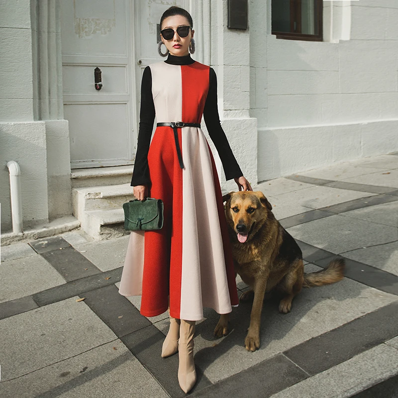 Goedkoop VERRAGEE vrouwen 2018 herfst vintage patchwork Engeland stijl wollen retro rode en champine A lijn oversized maxi Jurk