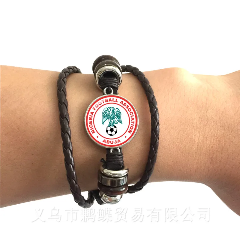 Portugal,Nigeria,Mexico,Morocco National Football Team LOGO Soccer Glass Dome Black/Brown Leather Bracelet Souvenir Gift