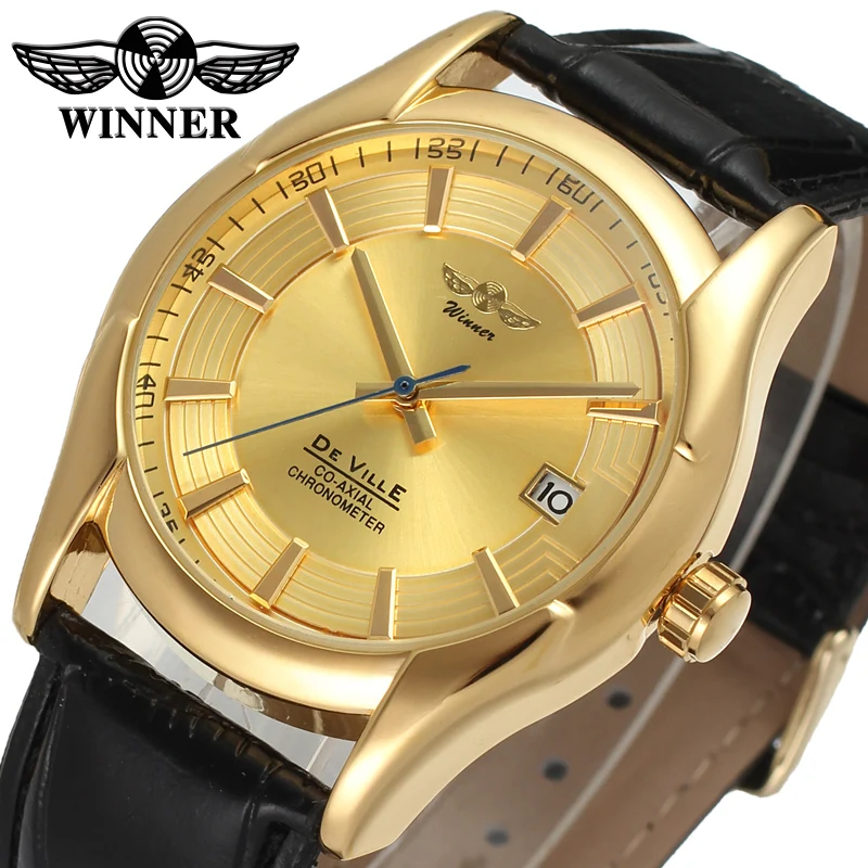 

Winner Men watch skeleton Mechanical Luminous Hands Watches Gold Genuine Leather Strap Black Business Male Automatic Fashion