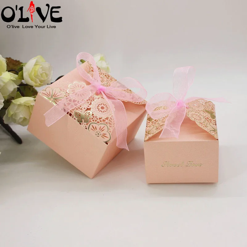 50 шт. розовый лазерная резка Подарочный пакет конфеты коробка Свадебная вечеринка подарочная упаковка день рождения картонные коробки шоколадный Bonbonniere Dragees