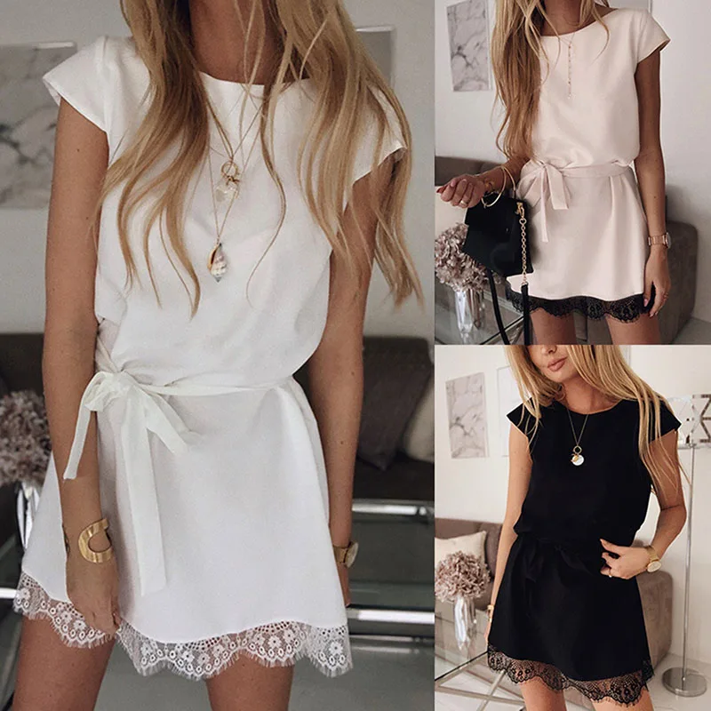 

Summer Fashion Lace Side Waist Women's Dress Solid Color Short-sleeved Temperament Casual Short Dress 2019 Hot Sale Vestidos
