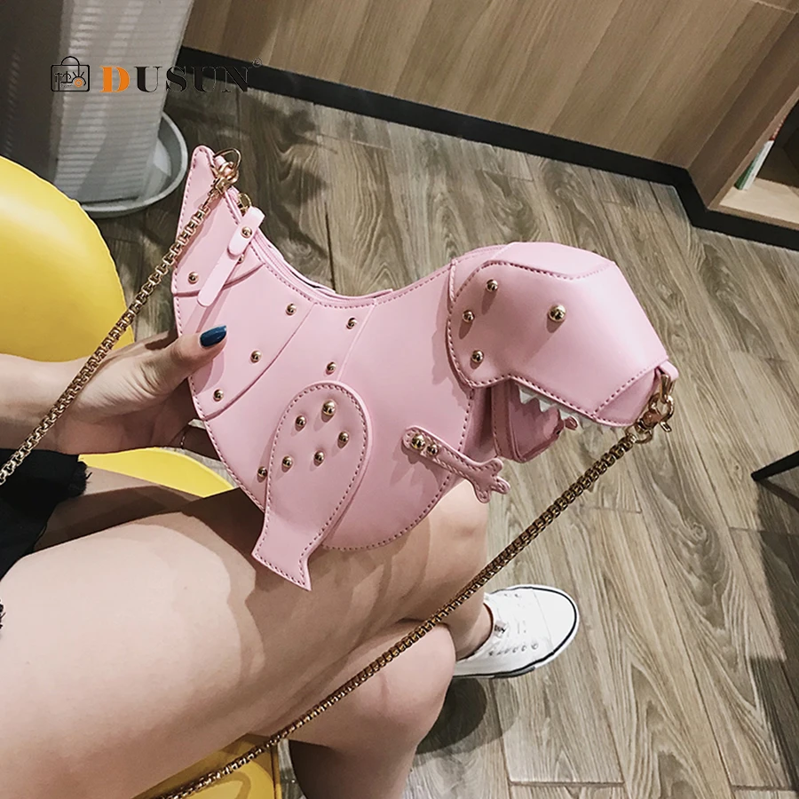  DUSUN Rivet Personality Dinosaur Design Fashion Leather Crossbody Mini Messenger Bag Women Chain Pu - 32913231833