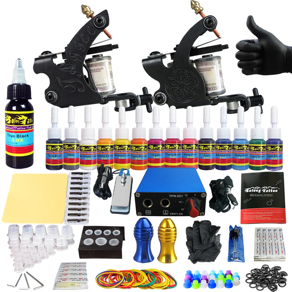 

Solong Tattoo Complete Tattoo Kits 2 Machine Gun Beginner Tattoo Set 14 Inks Needle Grips Foot Petal Power Supply TK203-40