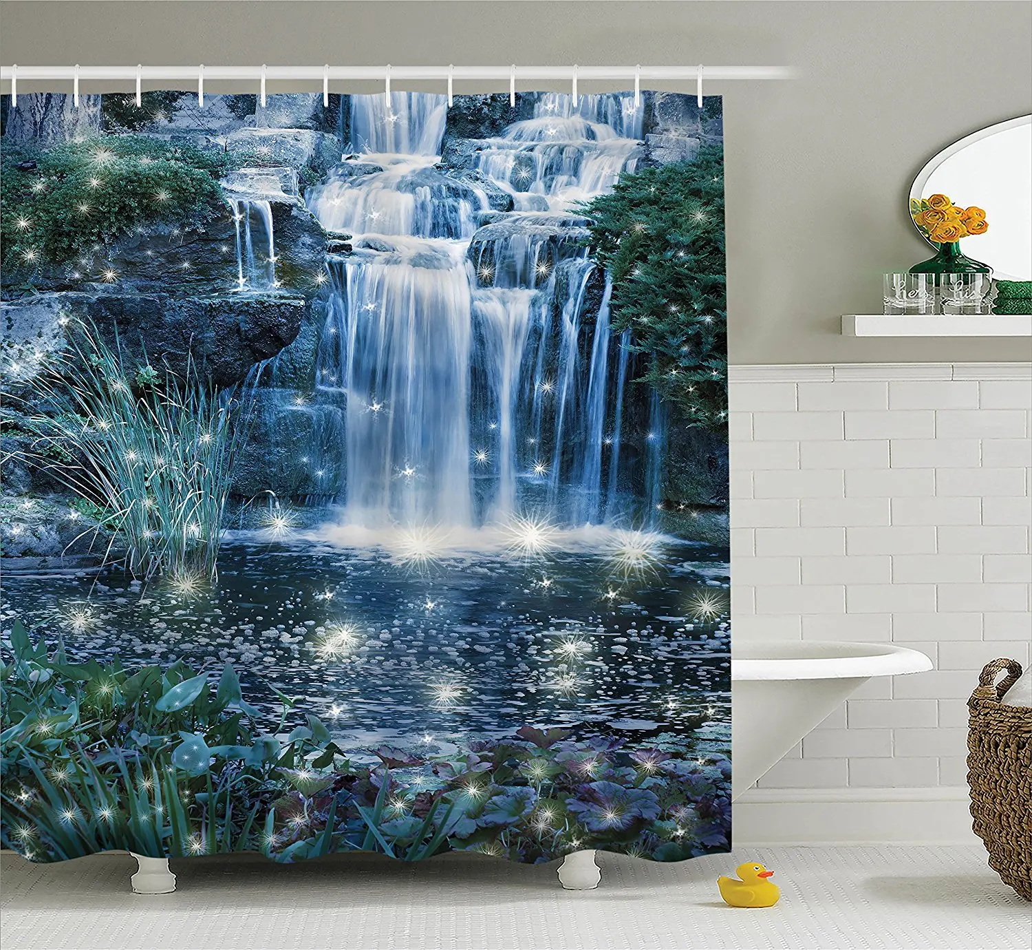

Decor Shower Curtain Fairy Fantastic Waterfalls at Night with Alluring Light on the Water Fresh Landscape Bathroom Set
