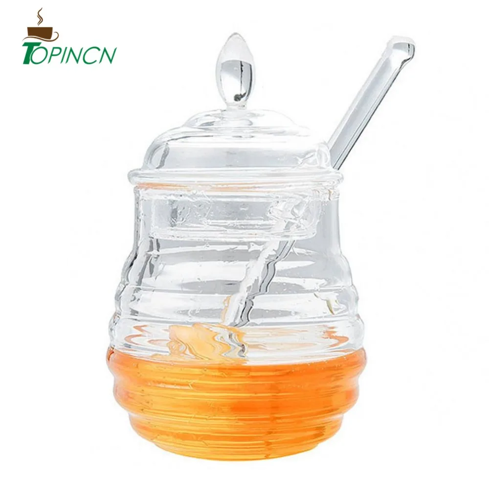 

Transparent Beehive-shaped Honey Jar with Dripper Stick for Storing and Dispensing Honey Syrup Kettle 245ml