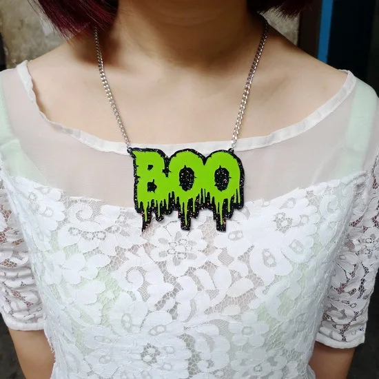 

84N Glitter Green BOO Pendant Woman's Fashion Pendant Acrylic Art Pendant Necklace