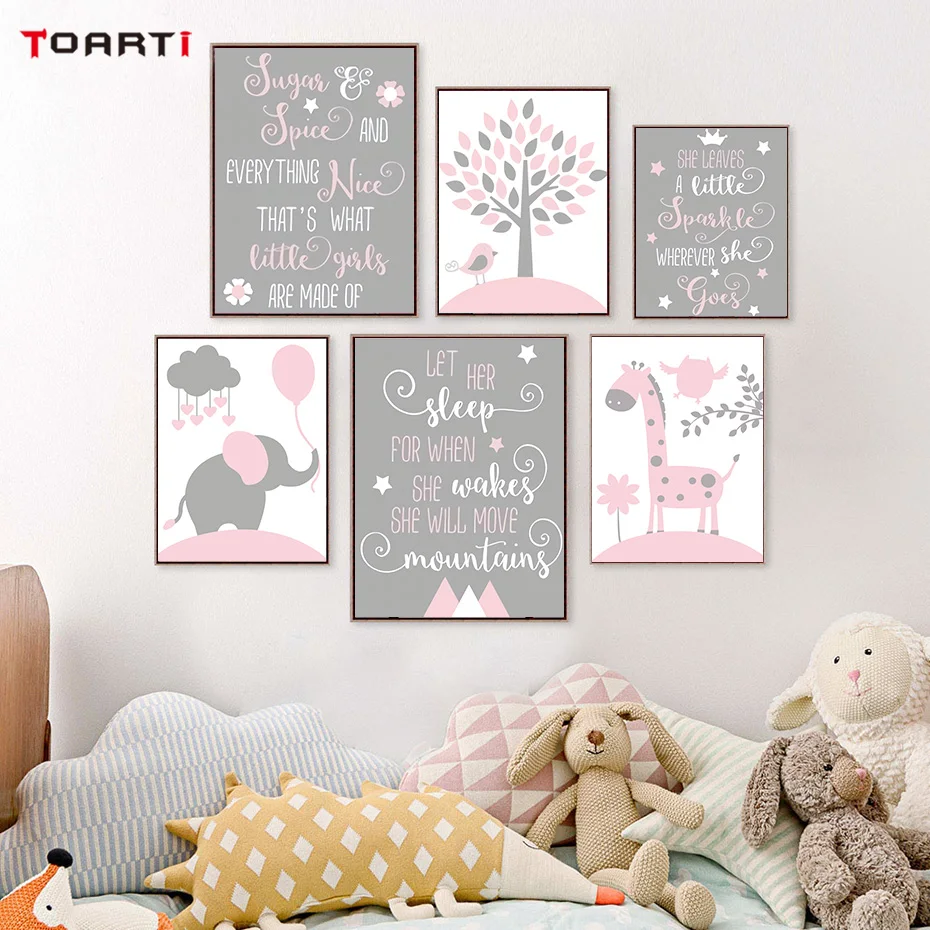

Pink cartoon dream big little elephant canvas painting for nursery bedroom poster and print modern wall art murals chart picture