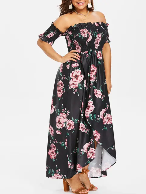 Floral Print Shoulder Dress High Waist 