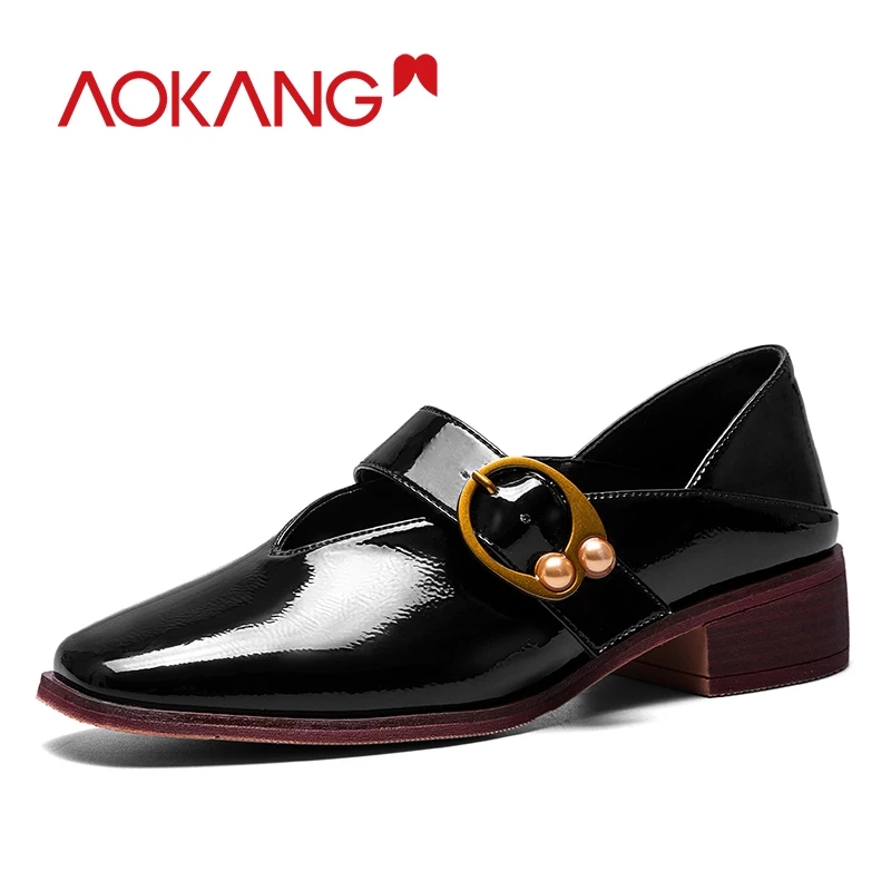 

AOKANG Autumn Women Shoes fashion Mary Janes shoes woman low heels metal decoration shoes women pumps patent-leather shoes