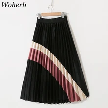 Woherb корейская женская длинная юбка Harajuku цвет пэчворк плиссированные юбки женские элегантные трапециевидные юбки весна стиль 20952