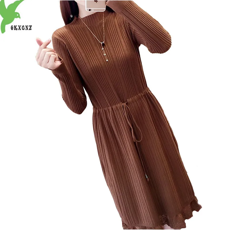 

NEW Knit Dress Women 2018 Autumn Winter Stitching Lace dresses Long sleeve Bottoming Sweaters female pullover dresses OKXGNZ2169