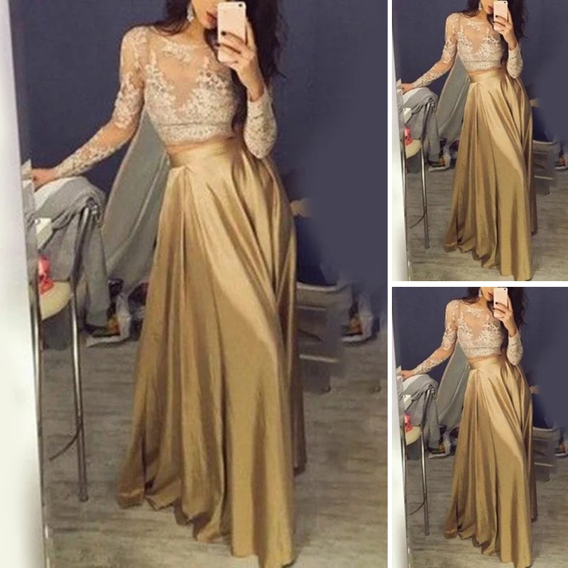 

Women Long Dress Lace Sexy Floral High Waist Champagne Color Swing A Line Elegant Retro Evening Dinner Party Dress