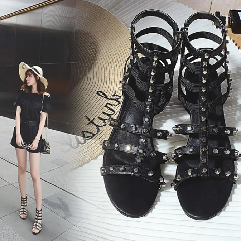 

Black High Heel Sandalias Mujer 2018 Genuine Leather Gladiator Sandals Women Shoes Cutouts Summer Boots Open Toe Zapatos Mujer