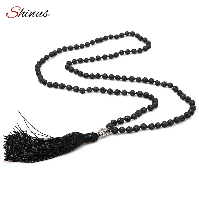 

SHINUS Lava Stone Necklaces Buddha Necklace Men Jewelry erkek kolye Handmade Knotted Black Long Tassel Female Meditation 6mm New