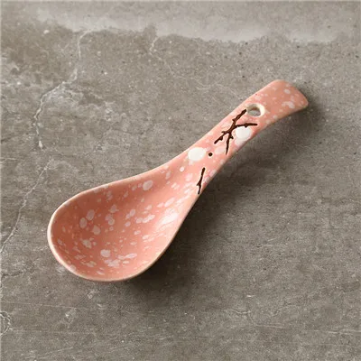 Japanese Handpainting Plum Ceramic Spoon Snowflake Glaze Porcelain Soup Spoon Floral Coffee Milk Stirring Spoon Tableware Pink