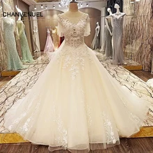 LS90742 lace arabic wedding dress ball gown short sleeves corset back abiti da sposa ivory and champagne real photos