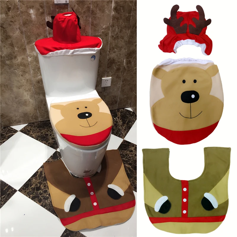 3Pcs/Set Christmas Bear Toilet Seat Cover And Rug Bathroom Set Contour