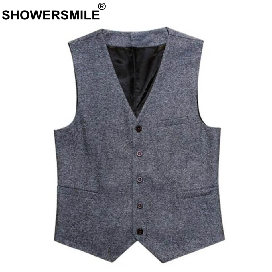 SHOWERSMILE серый елочка жилет для мужчин хлопок Slim Fit мужской Удобная Повседневная одежда Винтаж осень куртка без рукавов