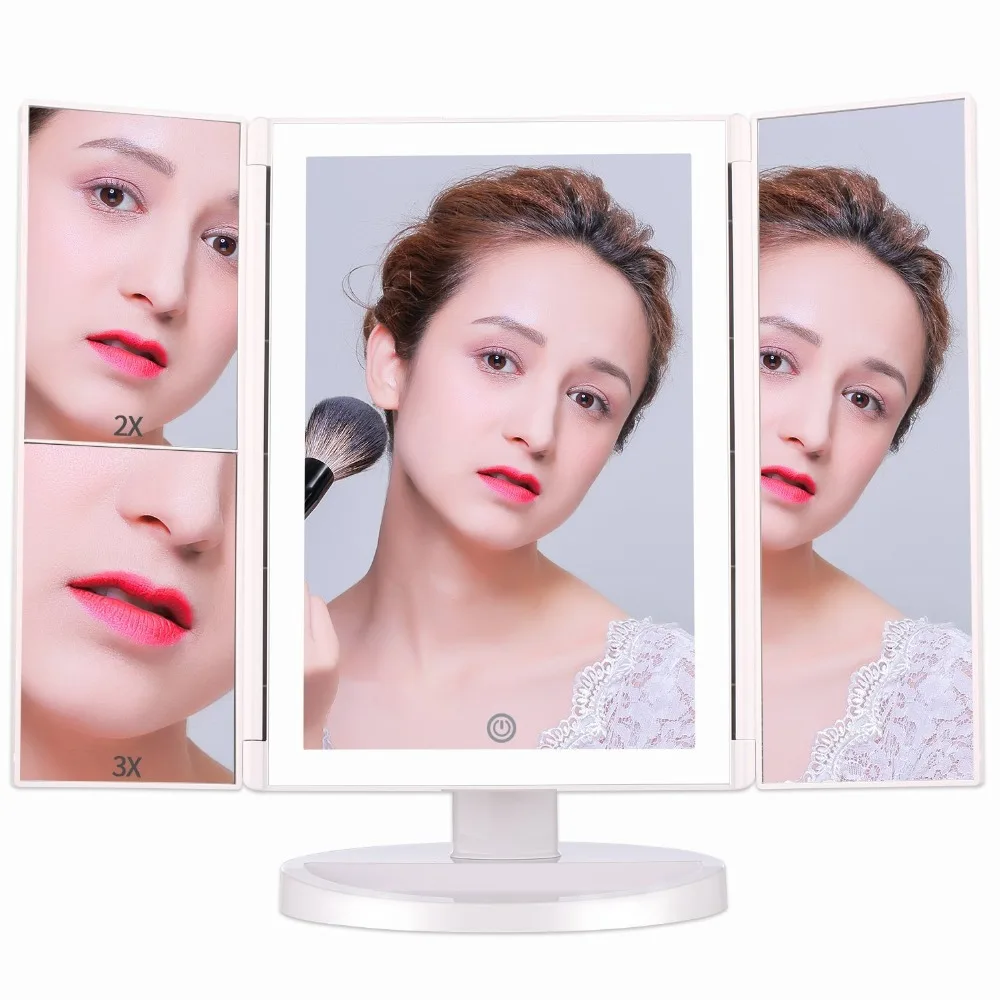 

Tri-Fold Makeup Vanity Mirror with Lights 2x /3x Magnification Cosmetic Light Up Magnifying Mirror led lights