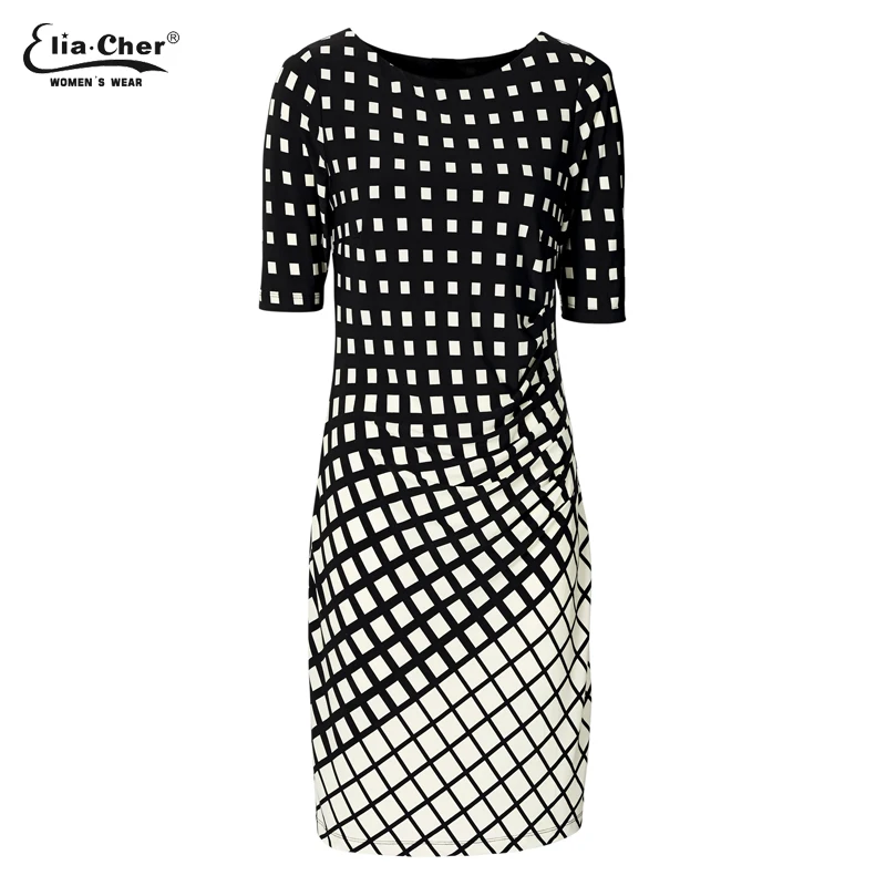 Геометрическое платье Туника женская одежда размера плюс Весна OL платья для работы Модное черное белое платье Vestidos 8622a