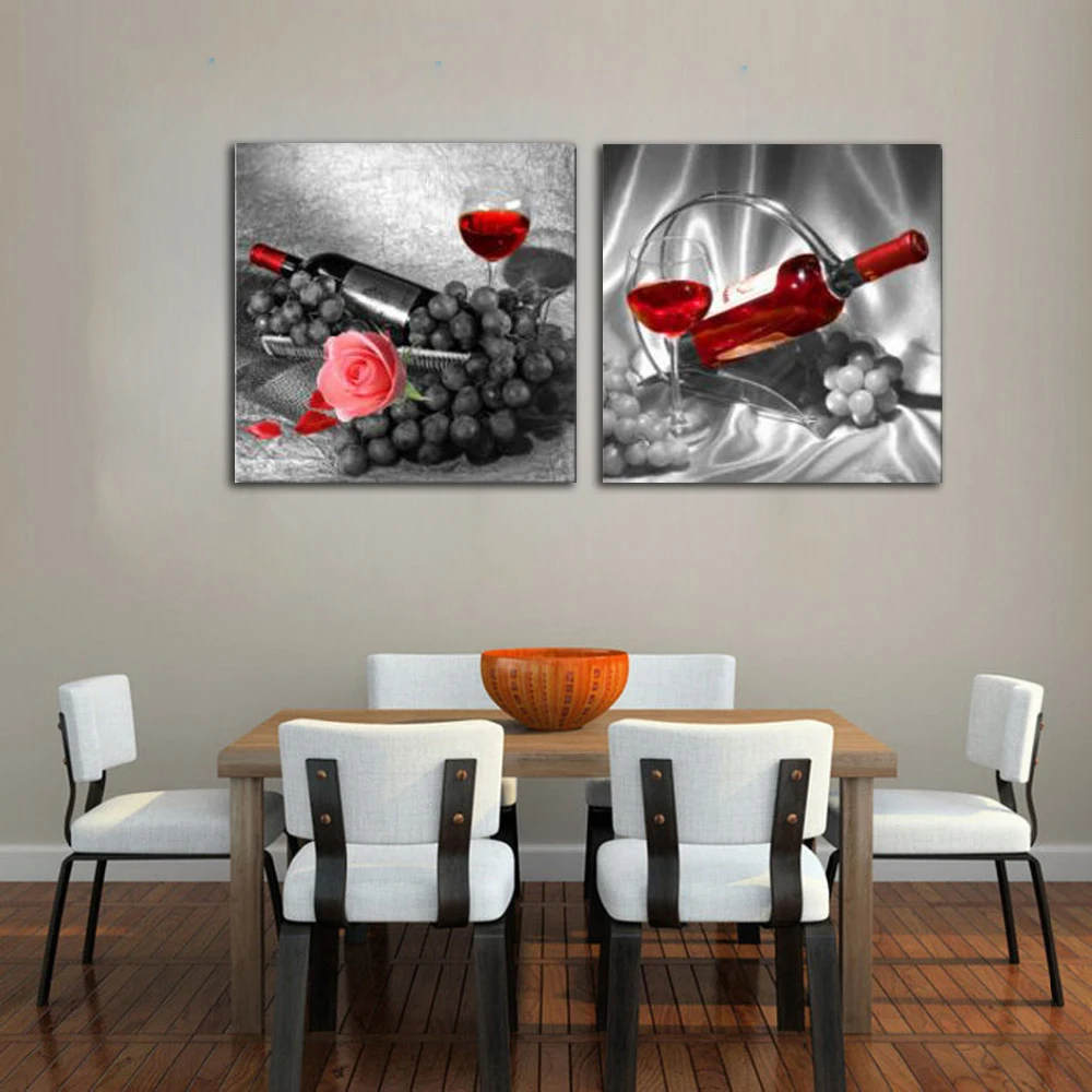 

Frameless 2 Panels Romantic Rose Red Wine Fruit Kitchen Wall Poster and Print Fashion Home Decoration Canvas Painting