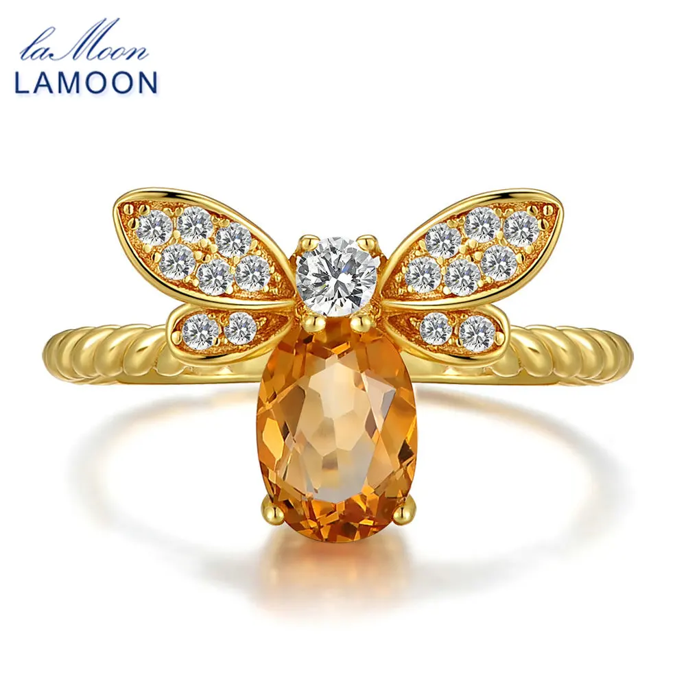 LAMOON Women Rings 925 Sterling Silver Fine Jewelry Animal Bee 5x7mm 1ct Natural Oval Citrine Wedding Ring Fashion Anillos Mujer