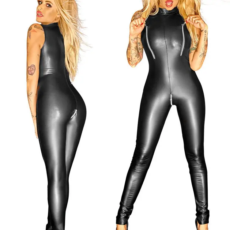 

2019 NeW Arrive Women 3 way zippers open crotch wetlook shiny catsuit stripper costume DS Sleevleless Clubwear jumpsuit leather