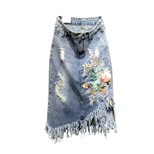 Джинсовые женские юбки с цветочной вышивкой и кисточками Необычные синие Повседневная Уличная одежда женские юбки наивысшего качества