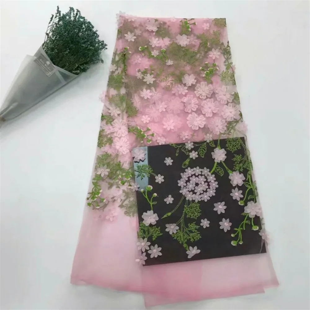 3D lace fabric with flowers, bridal lace fabric, pink lace fabric for haute couture dress, mesh lace fabric with 3D flowers F226