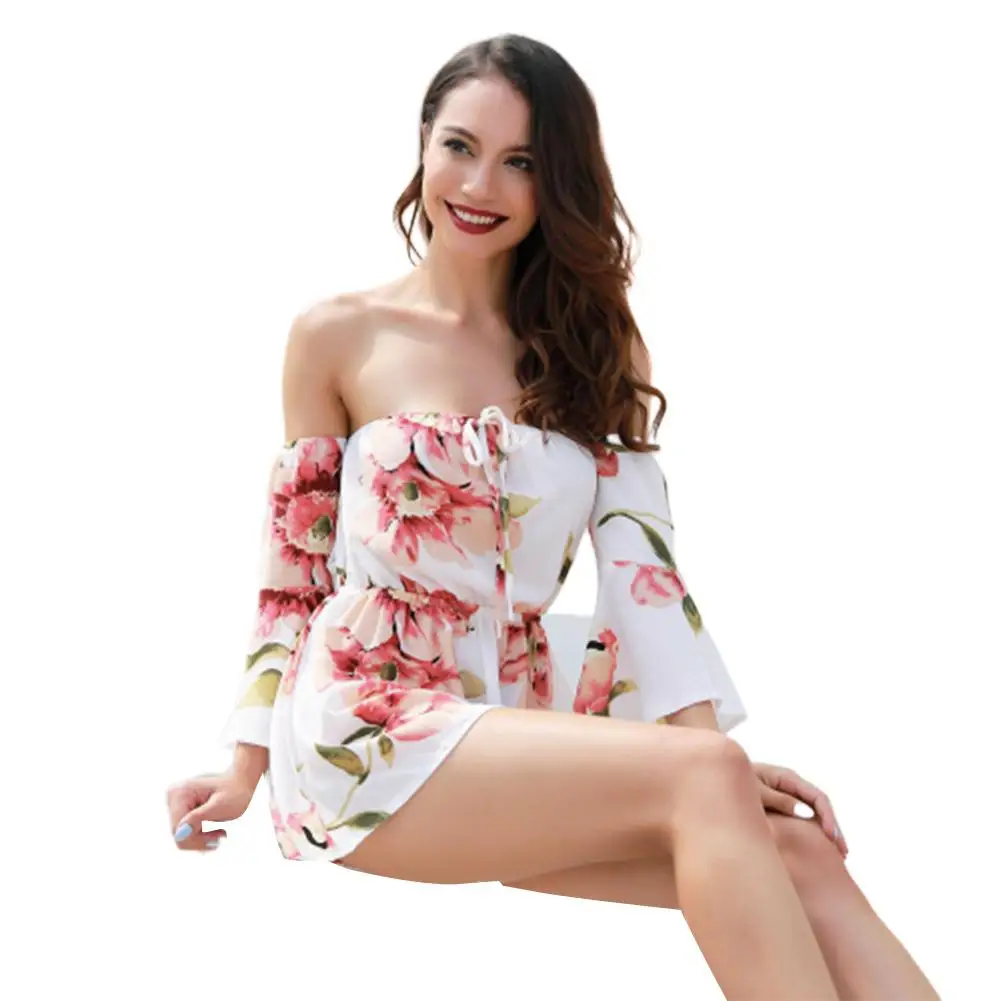 

2019 New Women Sexy Jumpsuits Off-shoulder Madarin Sleeves Printing Jumpsuit